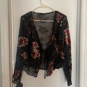 Sheer black blouse, velvet flowers